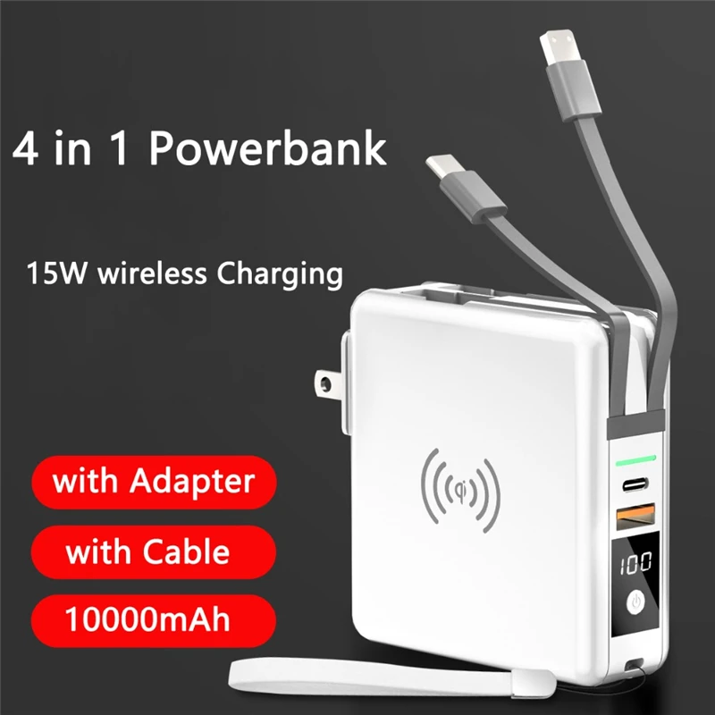 Power Bank 10000Mah Met Ac Plug 15W Snel Draadloos Opladen Powerbank Usb Type C Mobiele Telefoon Lader Voor Iphone 14 Xiaomi