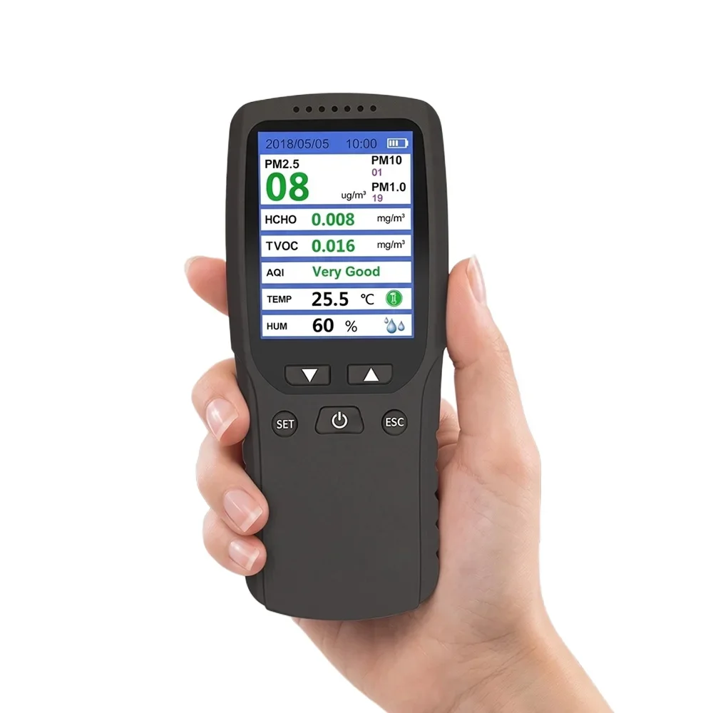 black-handheld-pm25-detector-with-tvoc-hcho-sensor-data-storage-and-display-for-temperature-and-humidity