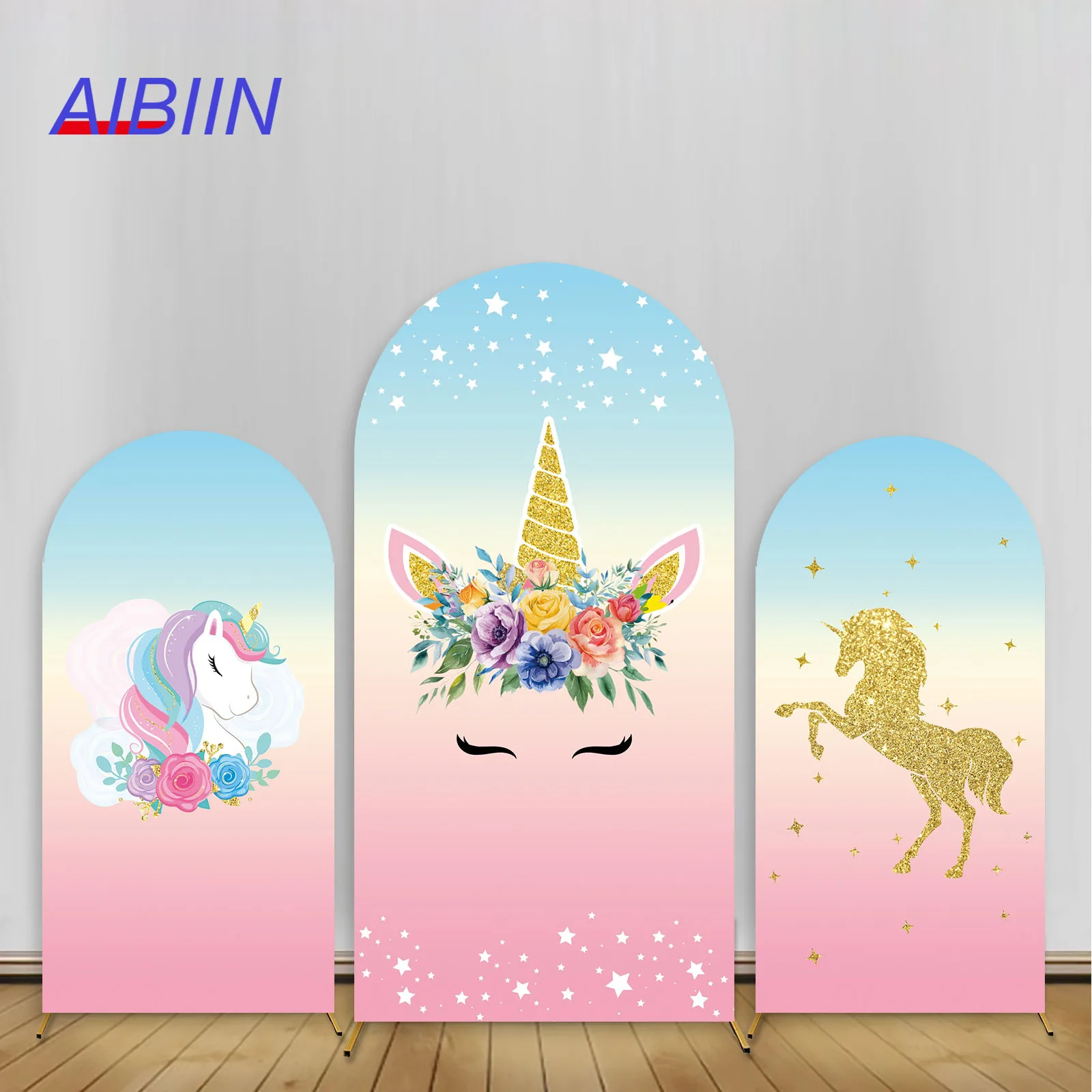 Unicorn Birthday Arch Cover Backdrop Flowers Gold Glitter Horse Baby Shower Party Decor Cake Girl Portrait Blue Pink Background