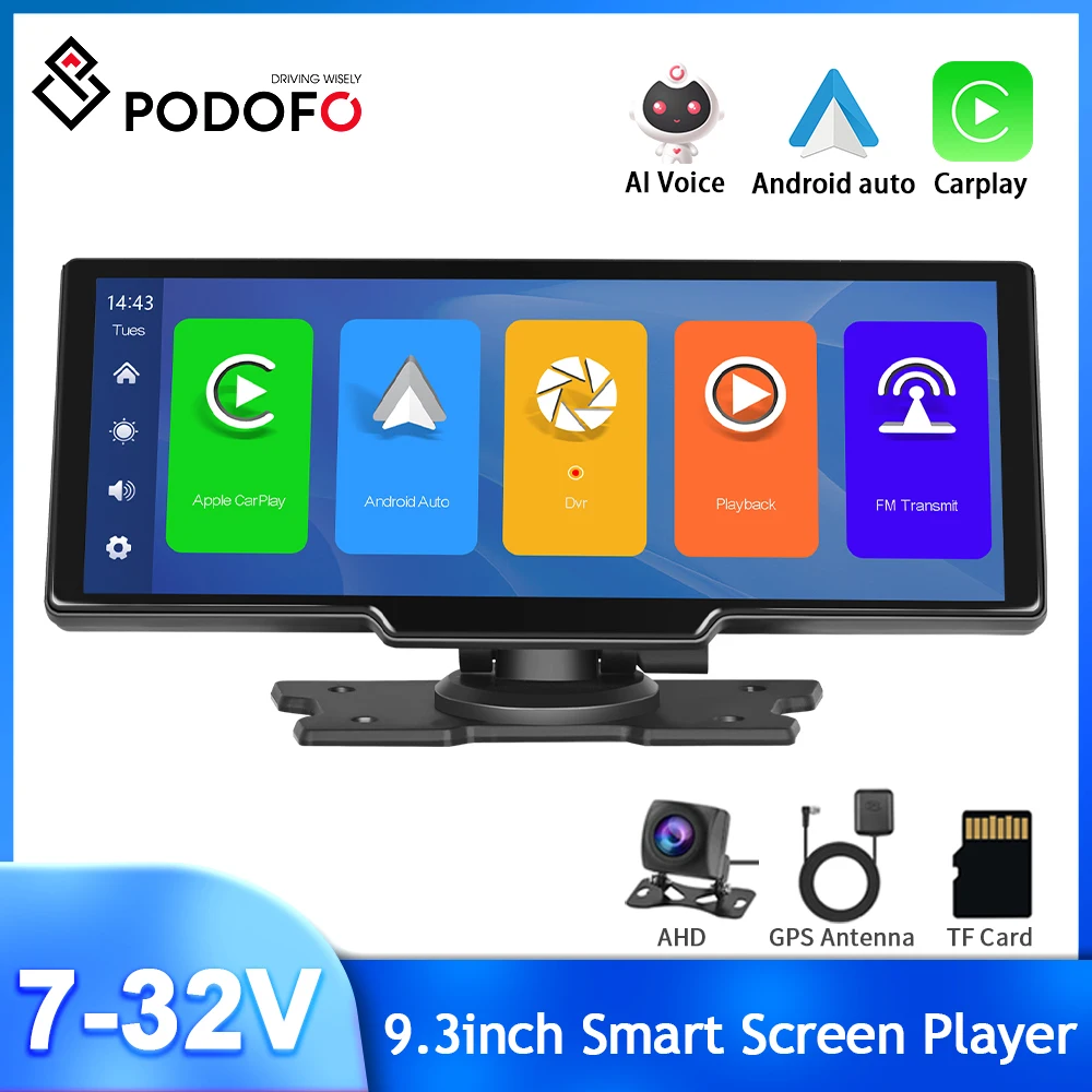 

Podofo 9.3'' Car Monitor Dash Cam Car DVR Carplay&Android Auto Front Camera Rearview Mirror Voice Control FM Dashboard Recorder