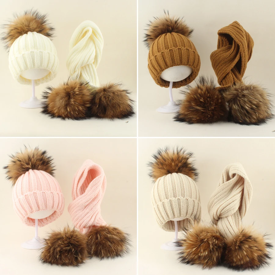 

Зимняя детская вязаная шапка, шарф, комплект из 3 предметов, шапка из натурального меха, детская шапка-бини, шапки с помпоном, теплая шапка с ушками для малышей, От 1 до 6 лет