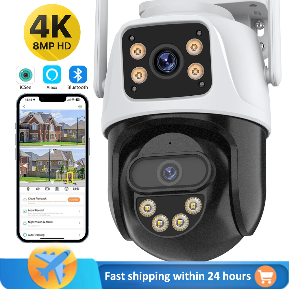 4K 8MP HD WiFi IP Camera Outdoor Dual Lens Dual Screen PTZ Camera Auto Tracking Home Security CCTV Surveillance Camera APP iCsee