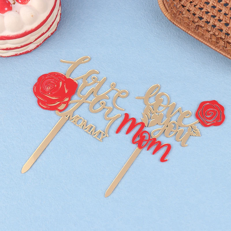 Gaya INS akrilik ganda warna emas Happy Mother Day merah mawar kue Toppers untuk Hari Ibu memanggang kue dekorasi makanan penutup