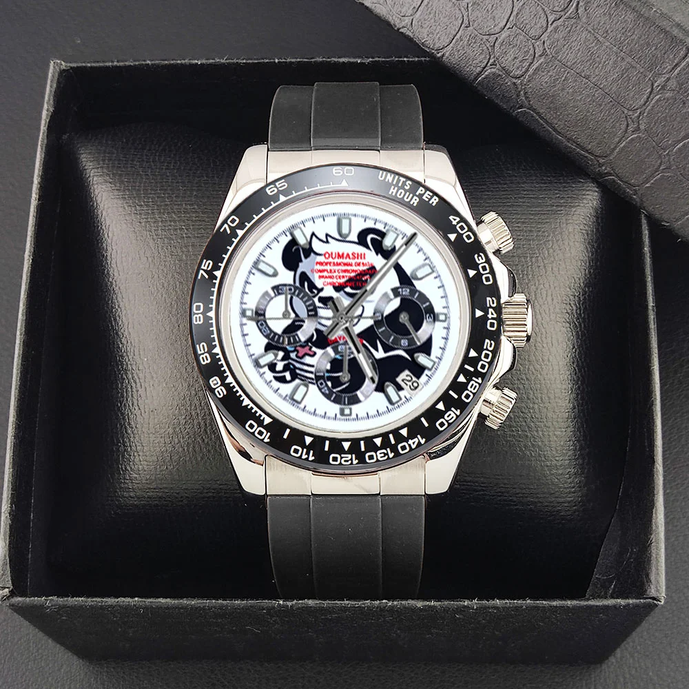 ที่กําหนดเอง VK63 นาฬิกา Chronograph กระจกแซฟไฟร์นาฬิกาผู้ชาย VK63 รูปแบบการพิมพ์การ์ตูนสแตนเลสนาฬิกาหน้าปัดสีขาว