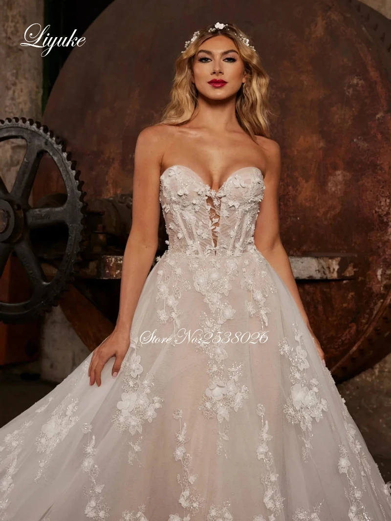 Liyuke Customize Strapless A-Line Wedding Dress Beading 3D Flowers Appliques Lace Customs made Off The Shoulder Bride Gowns