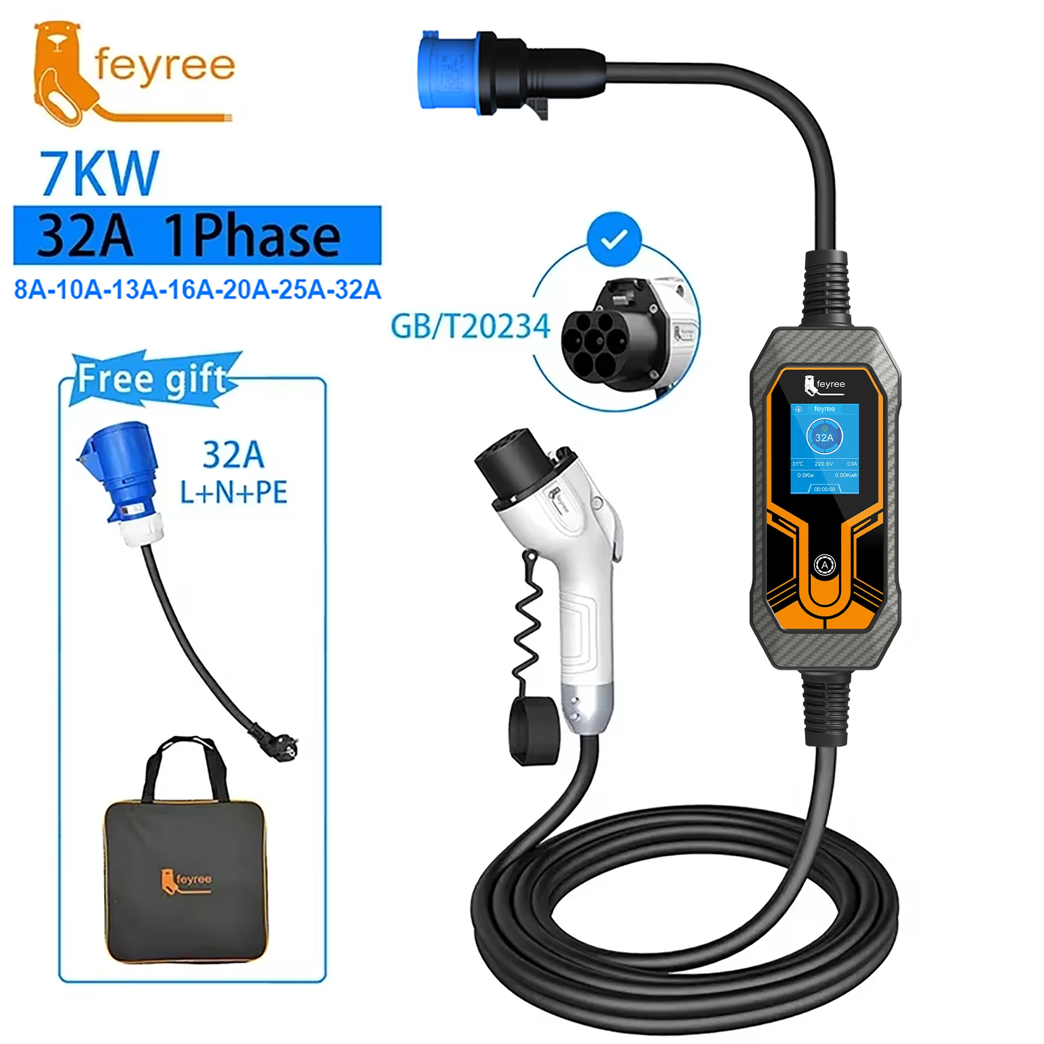 feyree Portable EV Charger Wallbox GB/T Cord 7KW 32A 5m Cable 1Phase EVSE Charging Box Charging Station for Electric Vehicle Car