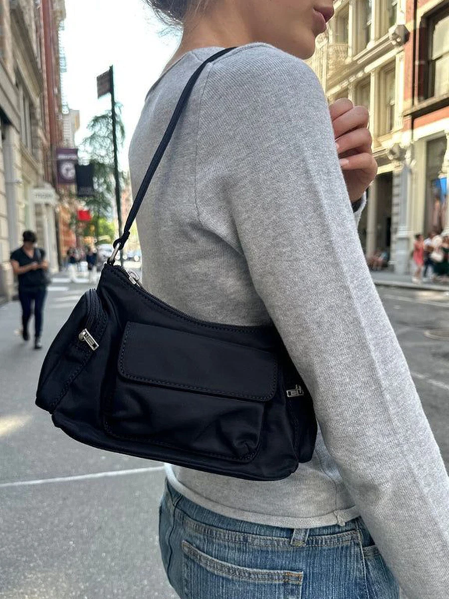 Bolso de hombro negro con bolsillos para mujer, bolsos de alta calidad con cremallera para las cuatro estaciones, estilo Preppy, moda urbana, Chic,