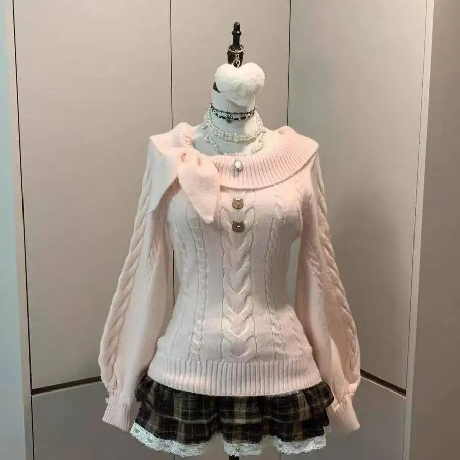 Kawaii Japanese Style 2 Piece Set For Women Solid Knit Sweater Slim Plaid Mini Skirt Y2K Harajuku Fashion Casual Outfit view 4