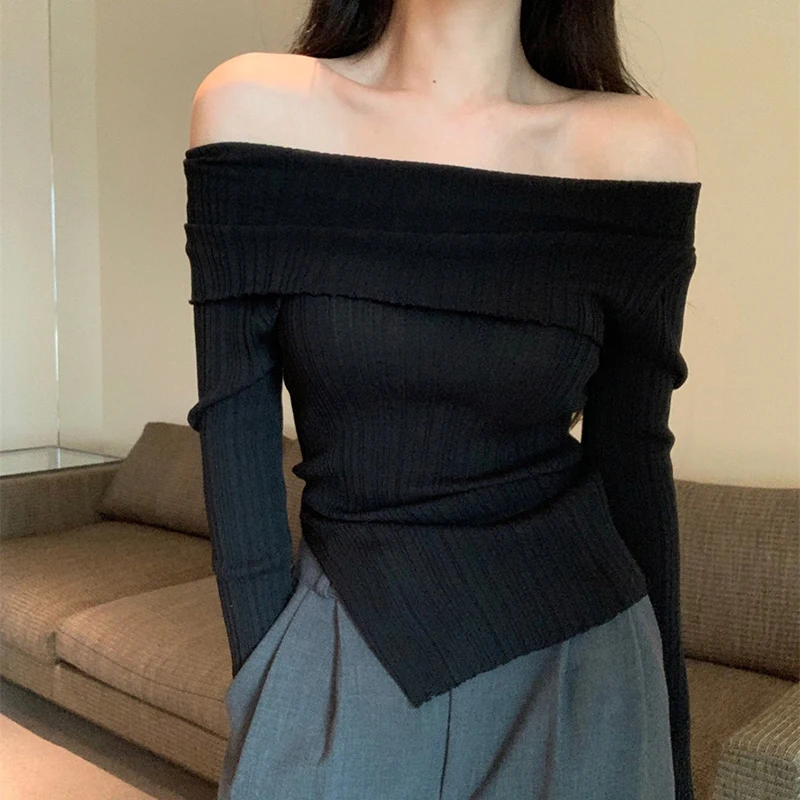 MEXZT Elegant Slash Neck Sweaters Women Irregular Split Knitted Jumpers Korean Slit Solid Basic Slim Pullovers Autumn Knitwear