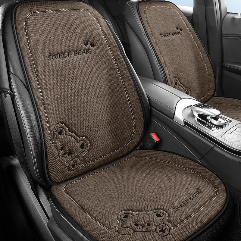 1pc Cartoon Bear Car Seat Cover Linen Anti-Slip Breathable Auto Single Pad Universal Car Square Seat Rear Seat Back Cushion