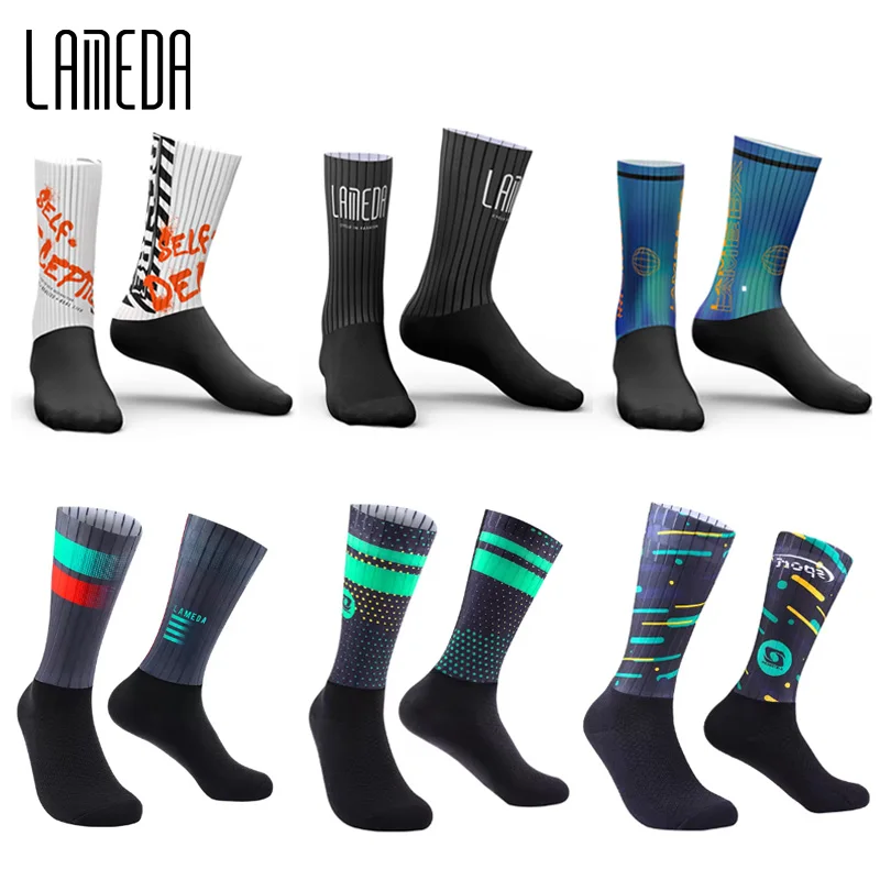 LAMEDA Cycling Socks Men High Rise Athletic Compression Socks Men's Biking Riding Workout Sports Running Socks Bicycle Clothing