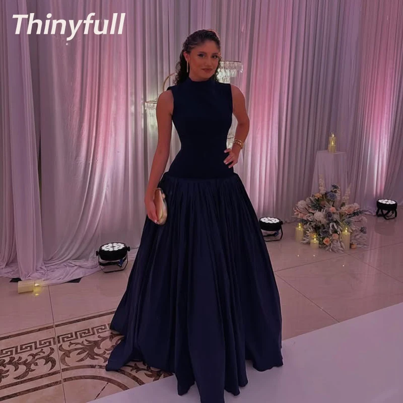 

Thinyfull A-line Satin Prom Dresses High Neck Sleeveless Evening Dress Floor Length Formal Gown Robe De Soirée Customized