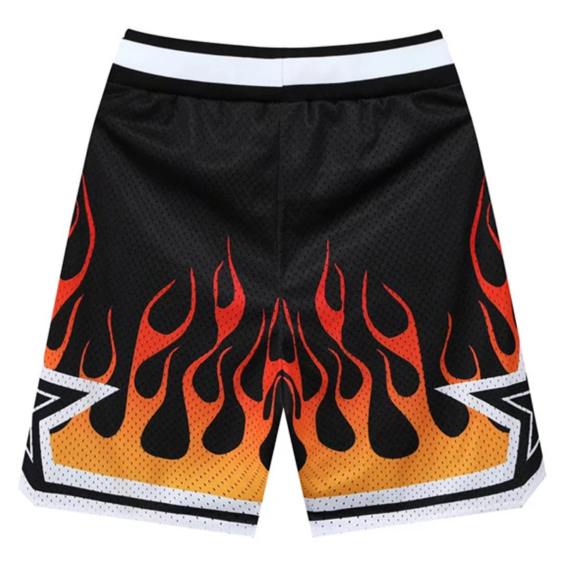 Mens Casual Shorts Mesh Breathable Flame Print Elastic Waist Short Fashion Loose GYM Basketball Sports Pants Unisex Streetwear