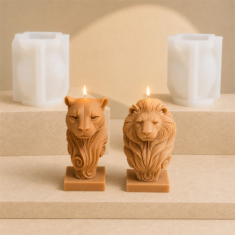 3D Lion Leopard Candle Mold Set Animal Lion Head Sculpture Silicone Molds for DIY Scented Candles Soap Resin Plaster Crafts view 3