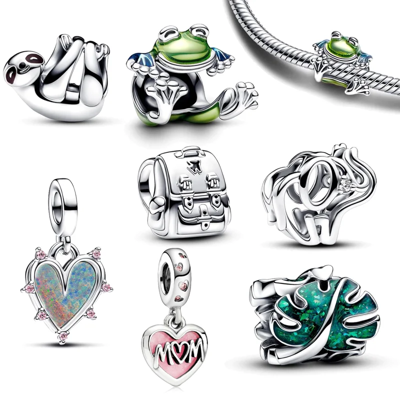 New 925 Silver Hanging Sloth Climbing Frog Friendship Double Heart Dangle Charm Original Beads Fit Pandora Bracelet DIY Jewelry