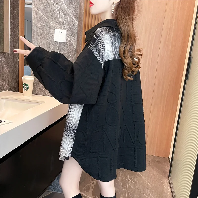 Shirt Cardigan Jacket 2024 Spring and Autumn New Loose Jacquard Loose mid Length Patchwork Covering Buttocks For Slightly Chubby