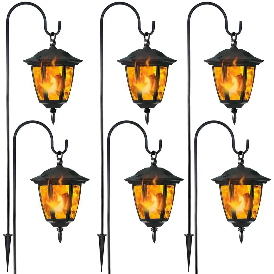 

6 Pack Solar Flame Hanging Lights Outdoor, Halloween Solar Flickering Flame LED Garden Lanterns with 6 x 38 Inch Shepherd Hooks,