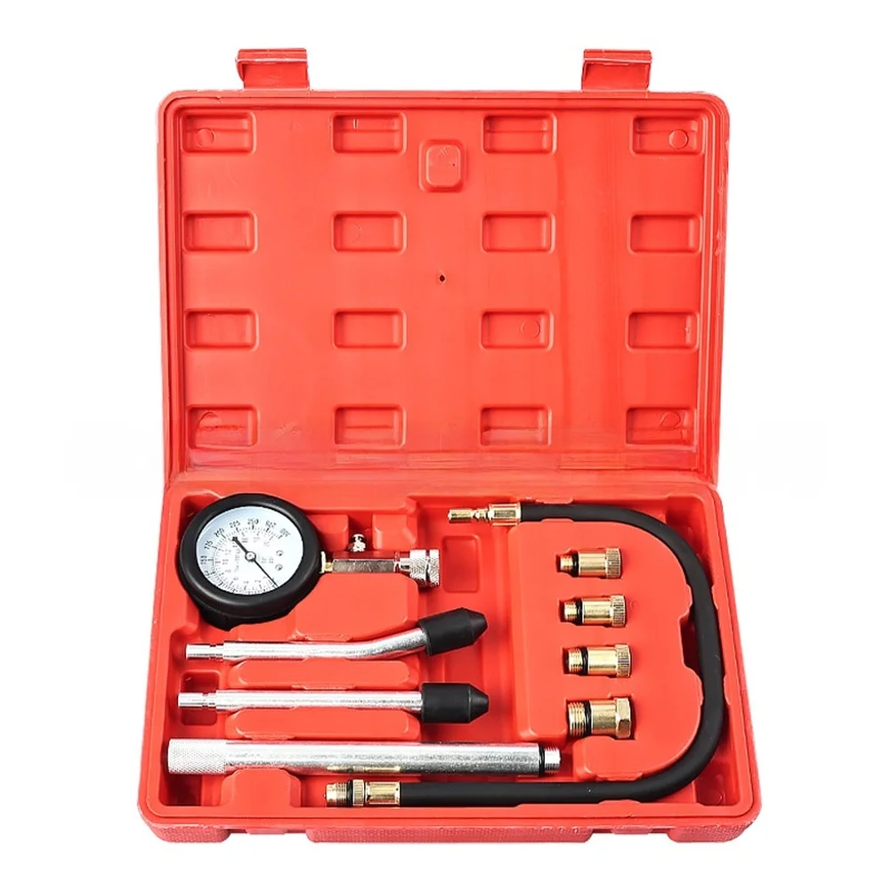 Red 9 In 1 Multifunction Cylinder Pressure Gauge Kit With 190mm Extension Rod And Copper Adapters For Diesel Gas Engine
