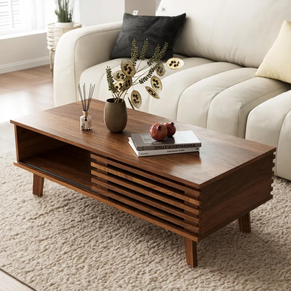 

Mid Century Coffee Table with Storage & Sliding Fence Door, Modern Coffee Tables for Living Room, Walnut Finish