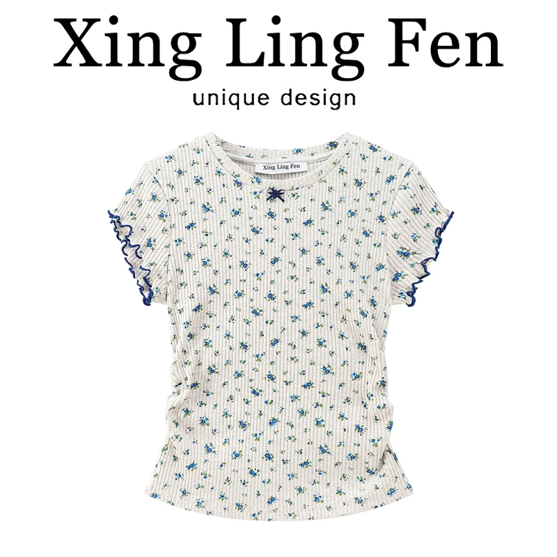 

ay Цветочный ор Све Трикотажная футболка Женская летняя приталенная длина ор Круглый топ Ne Корейский Sle Commute Faion