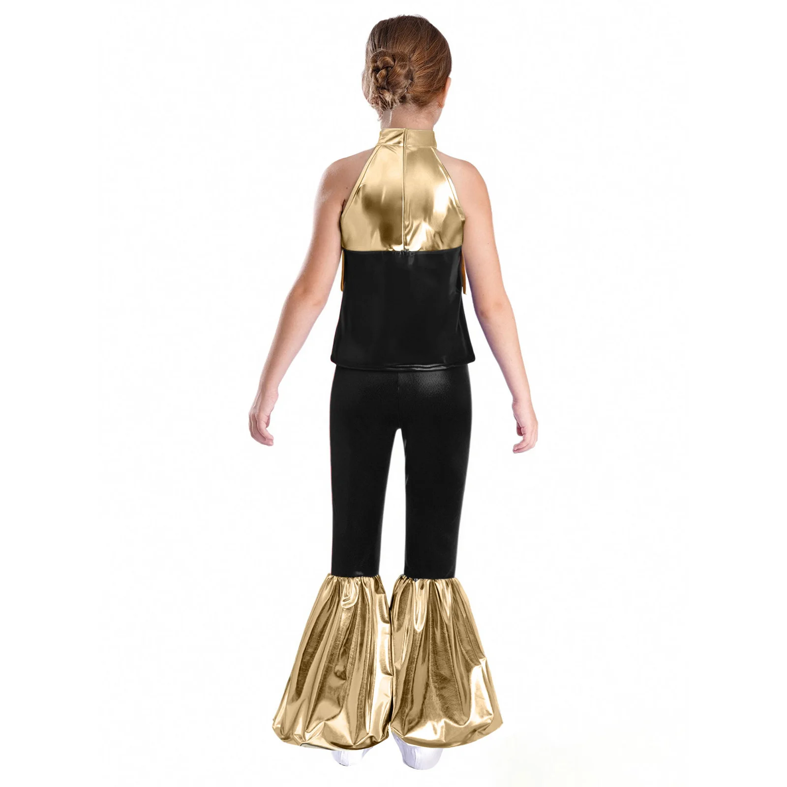 Strój na konkurs gimnastyki, jazzu i tańca dla dziewcząt: metaliczny crop top z frędzlami i cekinami oraz spodnie dzwony, kostium hip-hopowy.