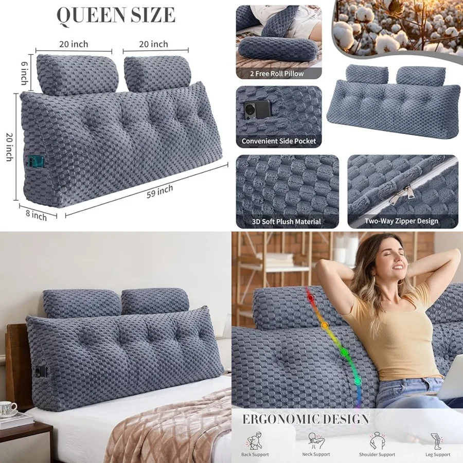 

Wedge Headboard Pillow - Bed Wedge Pillow for Headboard Triangular Headboard Pillow with Neck Roll Pillow-Large Bolster for Sit
