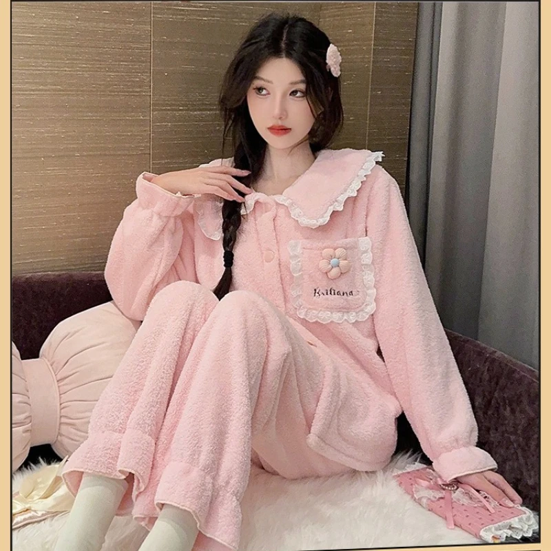 سميكة المرجان بيجامة من الصوف مجموعة المرأة الشتاء أفخم الفانيلا ملابس المنزل الكورية الحلو ملابس خاصة لينة الفانيلا سترة Pjs