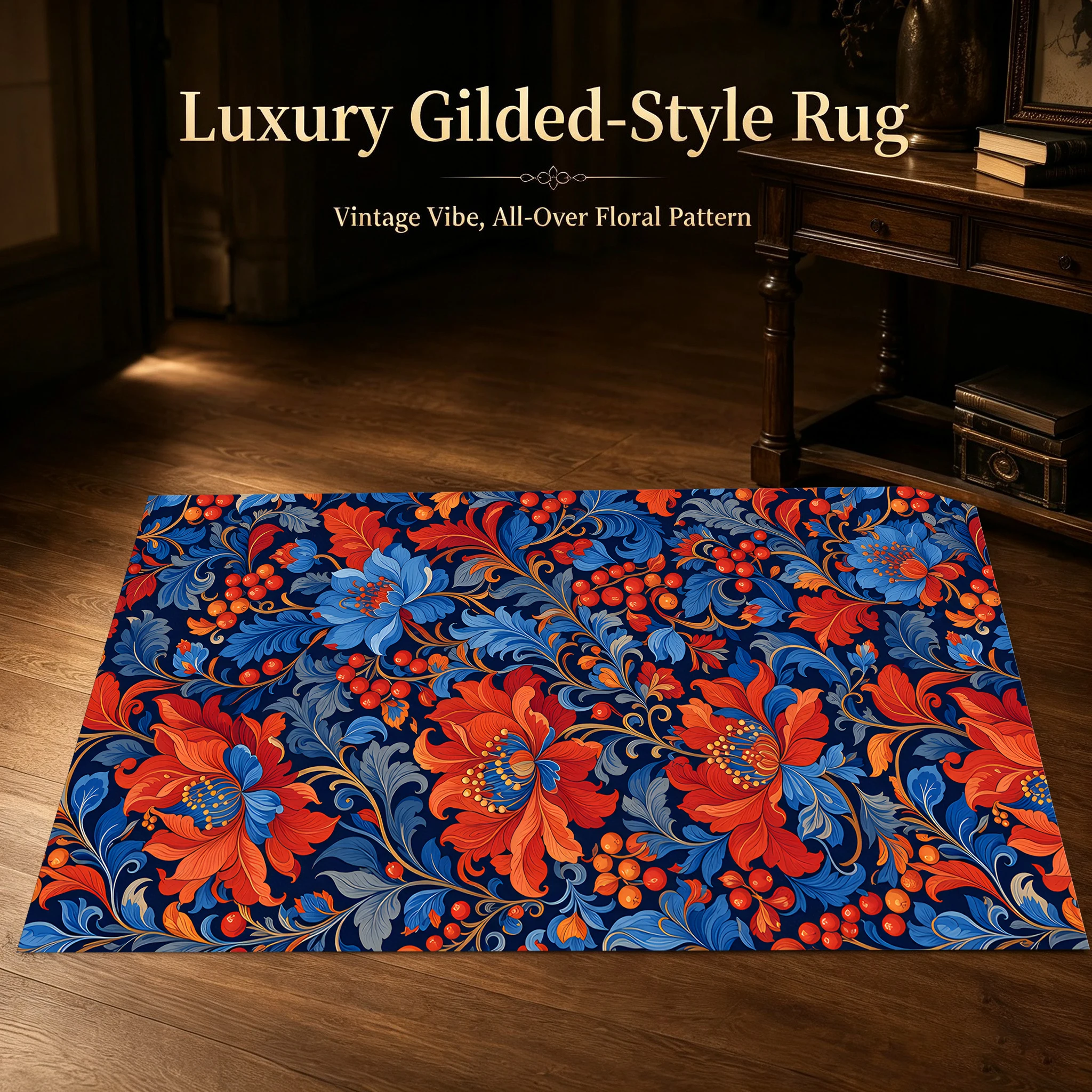 Velvet Rug Red Blue Floral Berry Print Retro Style for Living Room Bedroom Entryway Home Decor