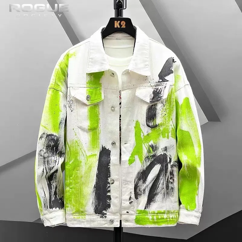 

Korean New Y2K Streetwear Graffiti Print Men Denim Jacket Loose Brushstroke Painted Street Luxury Outerwear Coat Harajuku Unisex