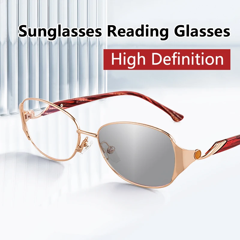 

Photochromic Reading Glasses for Women Metal Half Frame Computer Readers Anti UV/Eyestrain/Glare,Stylish Presbyopia Eyeglasses