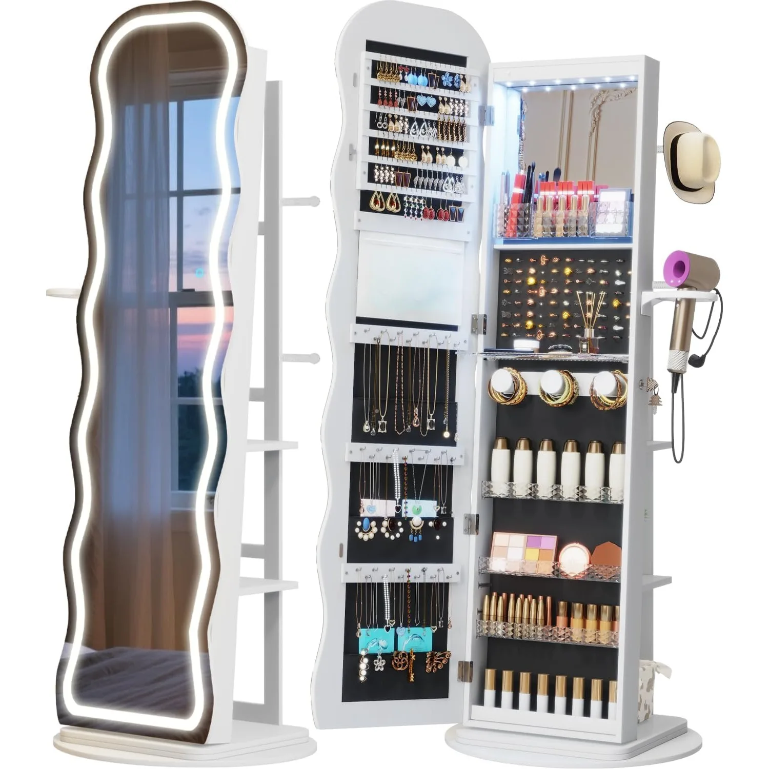 LED Mirror Jewelry Cabinet Standing, 360° Swivel, White | Lockable Jewelry Armoire with Mirror, Interior LED Makeup Mirror, Foldable Shelf, Large Capacity, Gift for Women, Girls