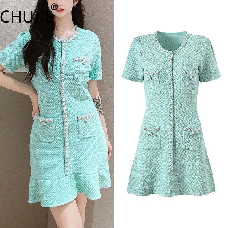 

CHUJIE Mint Green Knit Dress - French Style Ruffled Edge - Single-Breasted Waist Cinched - Spring Summer Viscose