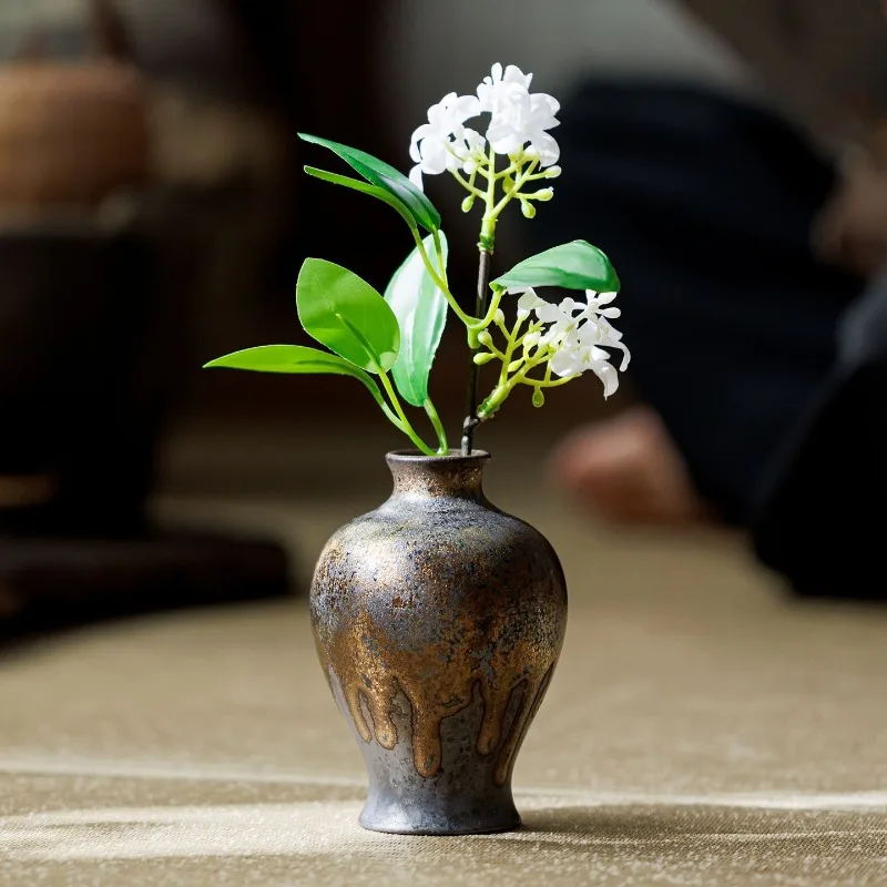 Rustic Pottery Vase Mini Narrow Neck Vintage Boho Decor Flowers Vase for Entryway Study Room Home Tabletop Accent