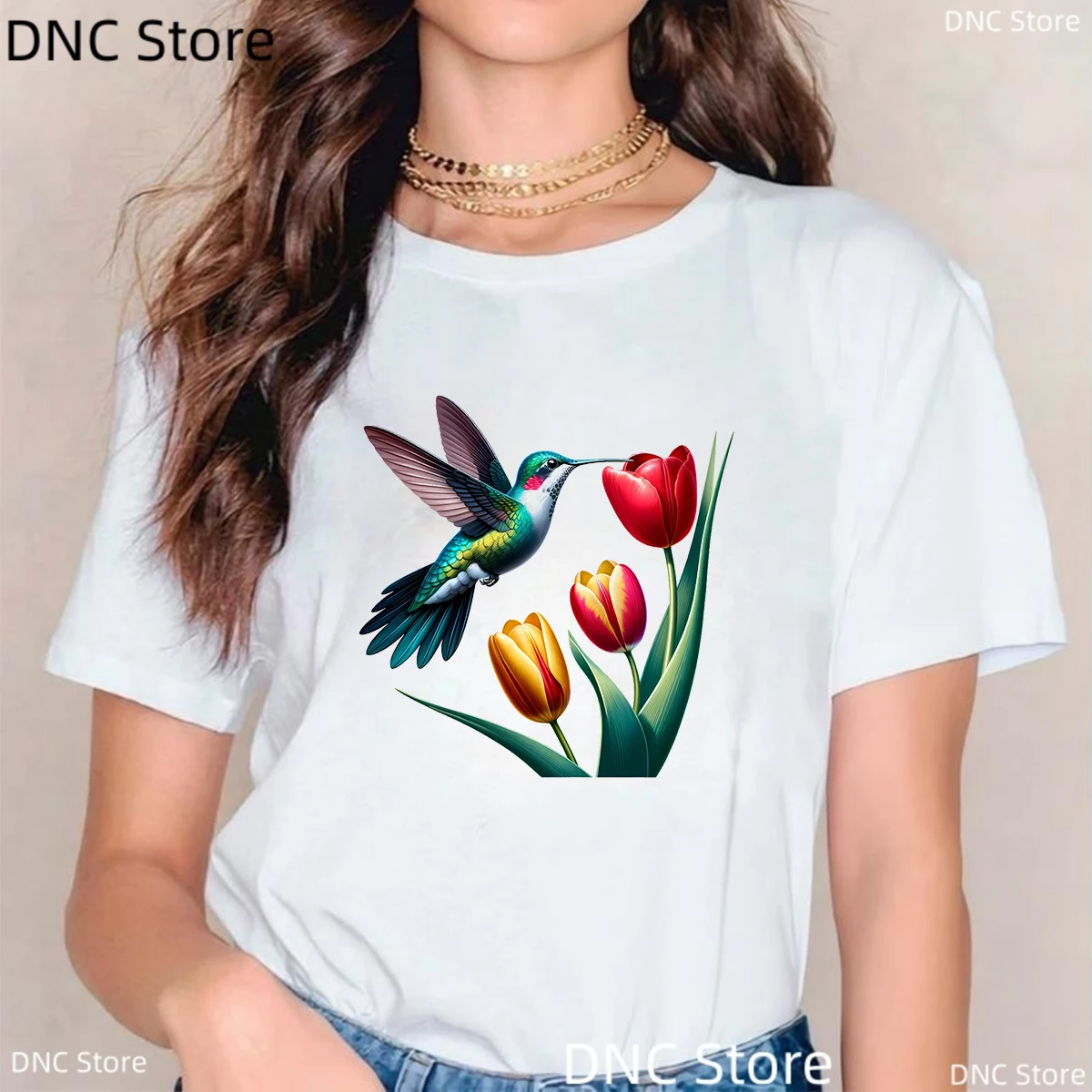 New Women's T-shirt Fun Hummingbird Flower Watercolor Tulip Bird Pattern Printed T-shirt Women's Fashion Harajuku Women's Top