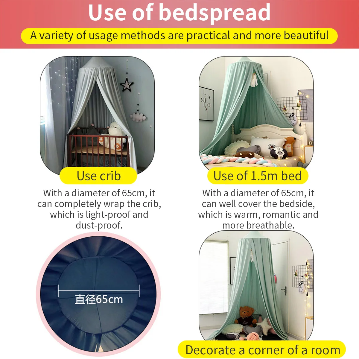 Battilo Kids Bed Mosquito Net Bed Canopy for Boys & Girls Room Bed Curtain for Child Crib Children Tent Hanging Round Play Tent view 6