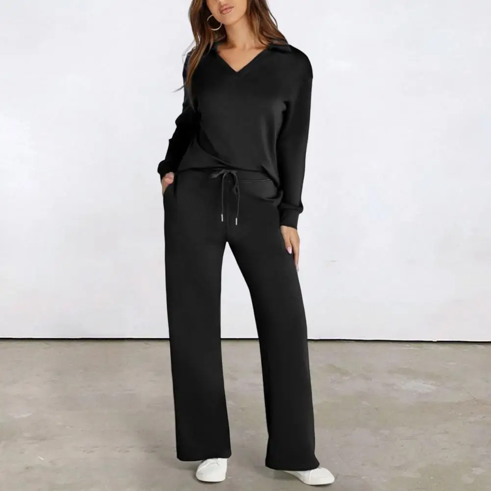 Spring Tracksuit Women\'s V Neck Sport Sweatshirt Wide Leg Trousers Set for Fall Spring Fitness Outfit Solid Color Tracksuit