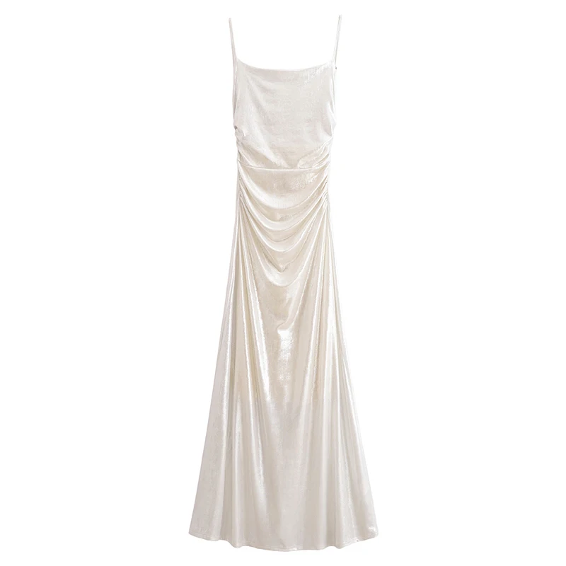 YENKYE Sexy Backless Draped Metal Foil Sling Long Dress For Women Fluid Neckline A-line Party Maxi Vestidos