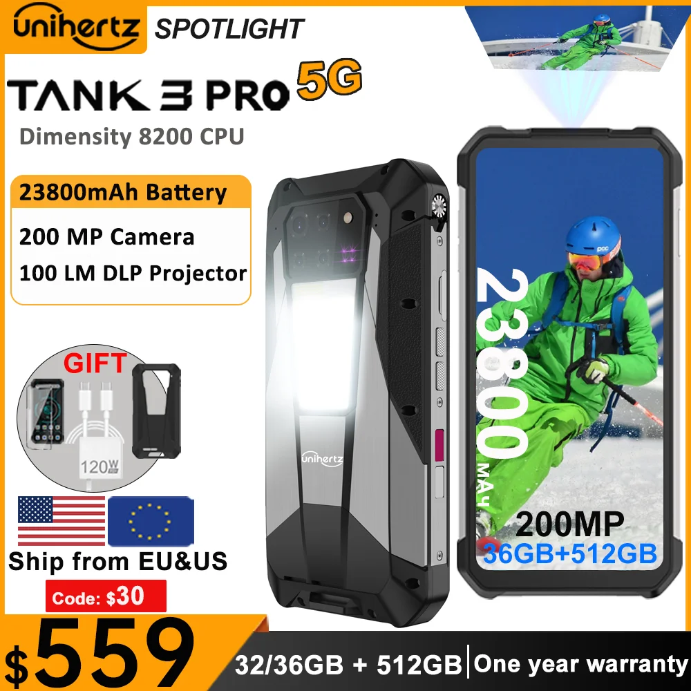 Unihertz Tank 3 Pro 8849 Rugged Smartphone android 5G with 100 Lumens Projector 32/36GB 512GB 23800mAh Waterproof 200MP phones