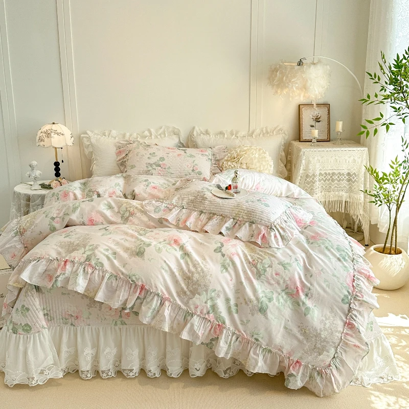 4/6Pcs Pure Cotton French Flowers Prints Ruffles Princess Bedding Set Duvet Cover Lace Quilted Bedspread Bed Skirt Pillowcases