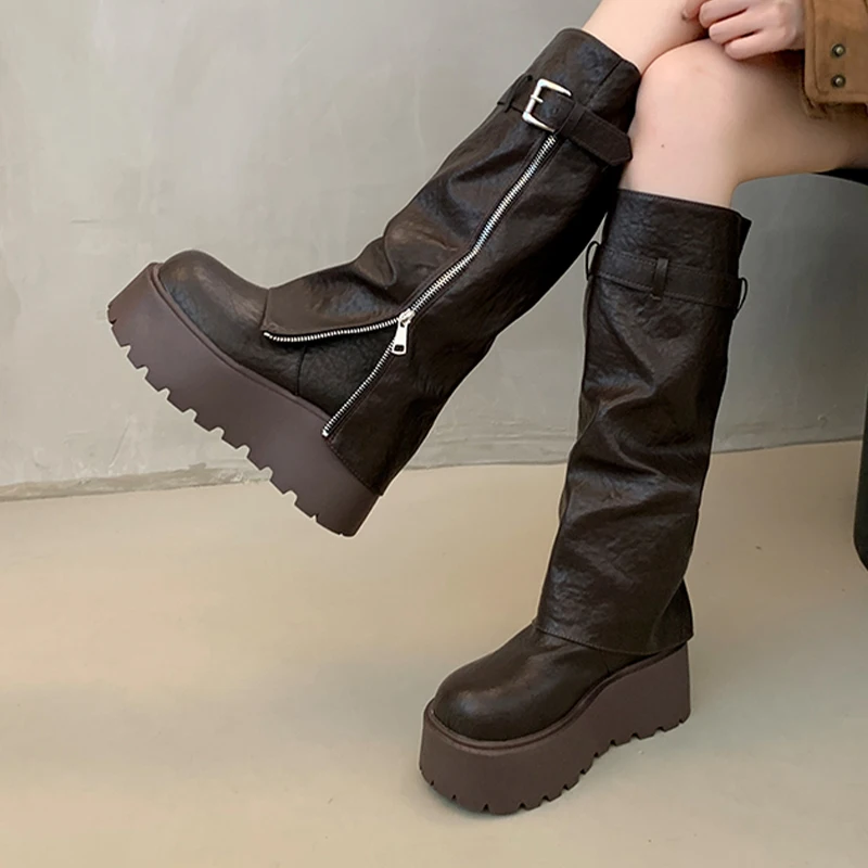 أحذية عالية للنساء منصة مسطحة فستان مصمم أحذية موضة أحذية الشتاء غير رسمية 2025 جديد الركبة عالية تشيلسي بوتاس دي موهير #3