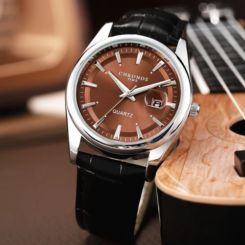 CHRONOS Reloj de pulsera clásico de cuarzo para hombre con calendario Esfera luminosa Correa de cuero Casual Negocios Ocio Relojes deportivos al aire libre