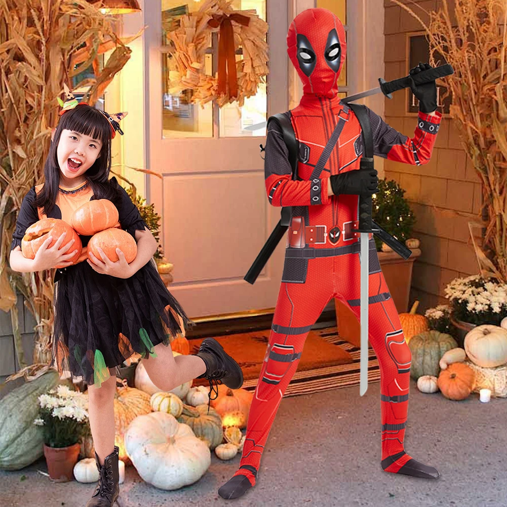 Children's Deadpool Cosplay Costumes Kids Adult Superhero Bodysuit Jumpsuit with Mask Rich Accessories Party Clothes Outfits