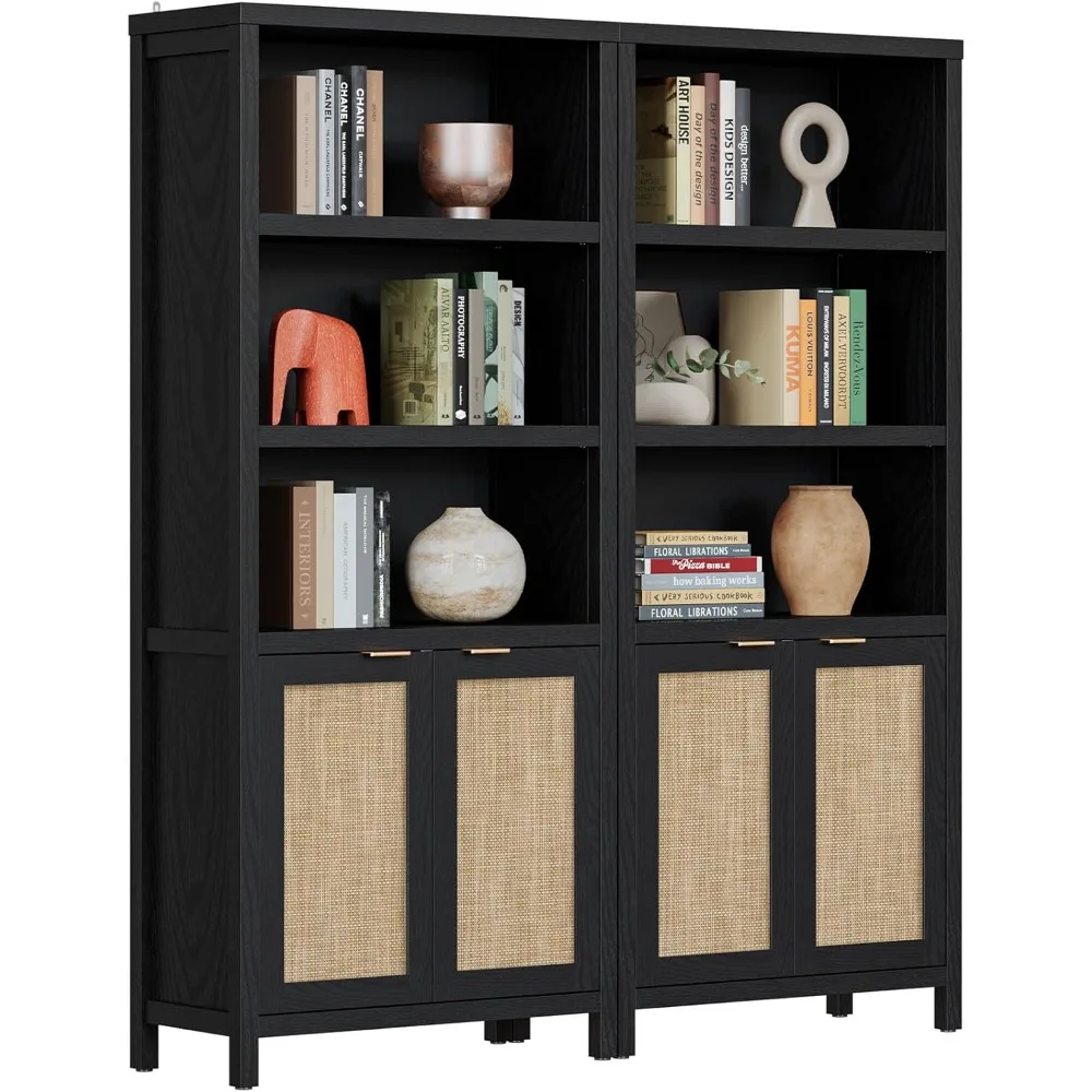 

Bookcase 5 Tier Bookshelf Rattan Boho Tall Book Case Shelf with Doors Storage Wood Large Bookcase Farmhouse Bookshelves