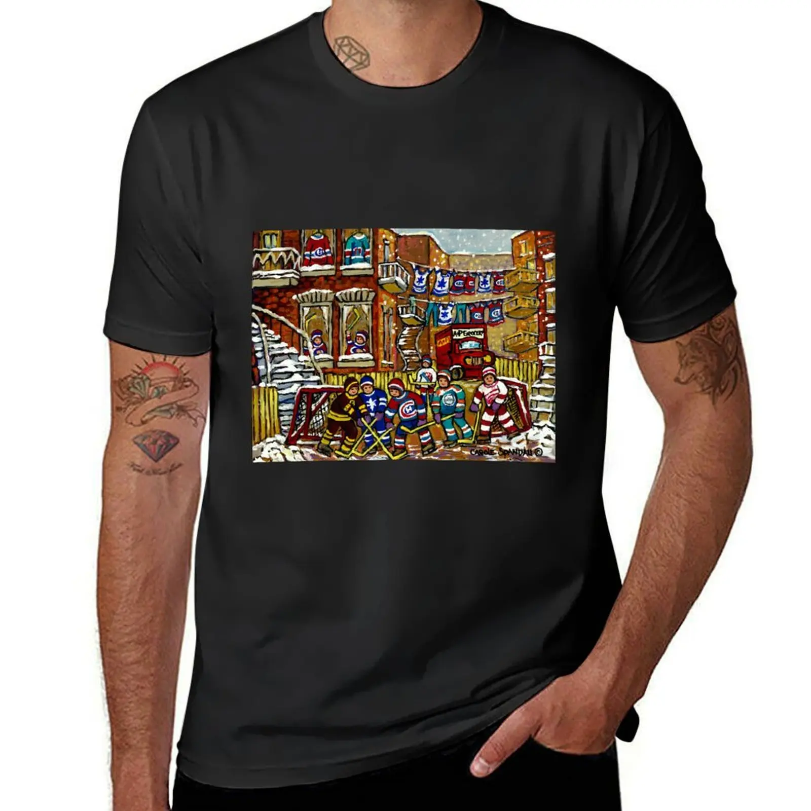 CANADIAN ART BY CANADIAN ARTIST CAROLE SPANDAU BACKLANE HOCKEY IN MONTREAL T-Shirt kawaii clothes Short sleeve tee men