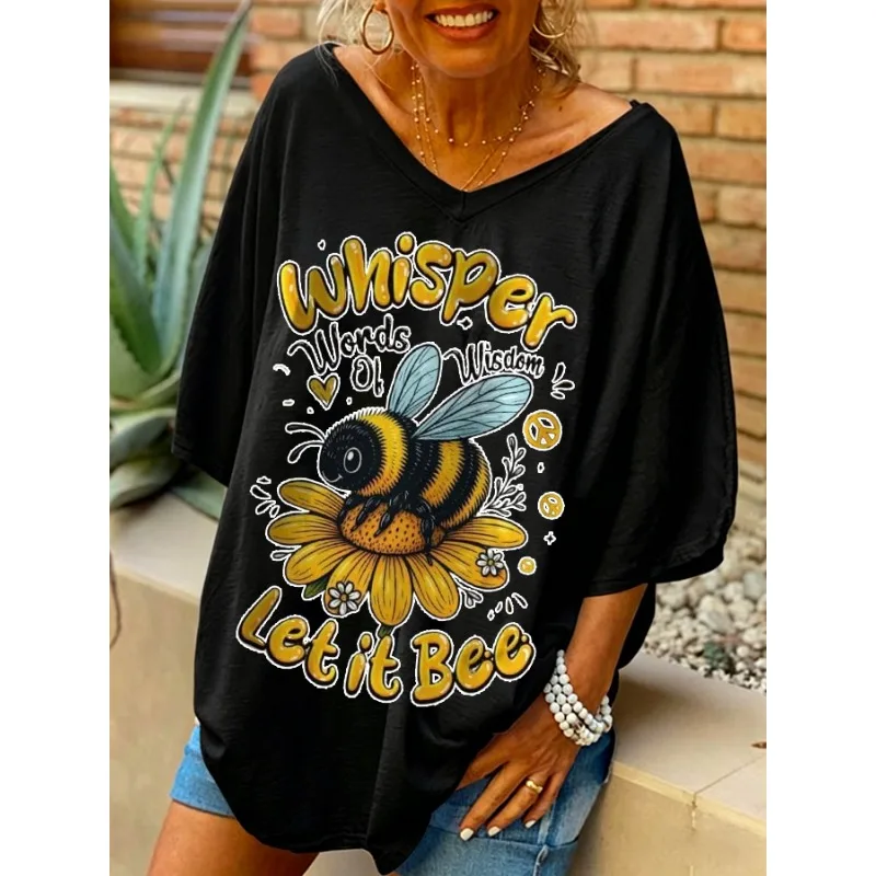 ilstile Women's Let It Bee Print T-Shirts Summer Short Sleeve Casual Loose V Neck Long Tops White Black Tees New Arrival