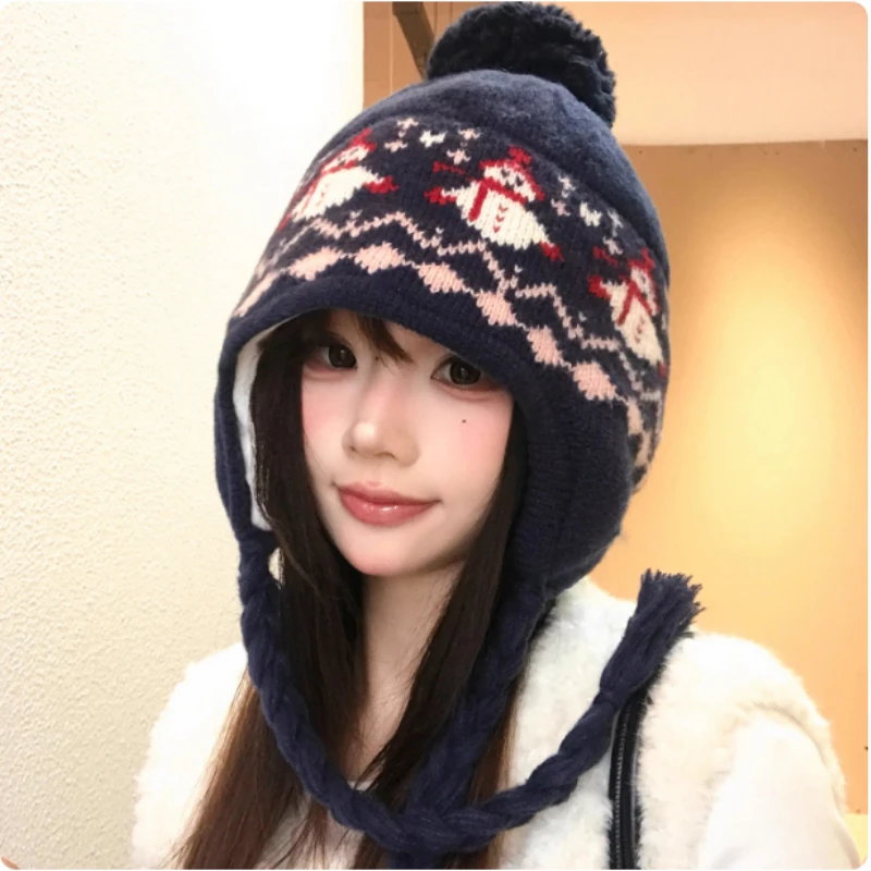 اليابانية معرض جزيرة نمط ثلج الجاكار الأذن البلوز قبعة قبعة للنساء الخريف والشتاء سميكة الدافئة الدانتيل متابعة قبعة متماسكة