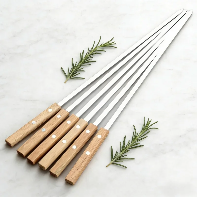 Brochetas para Kebab de 55 cm, Brochetas Planas de Acero Inoxidable para Barbacoa con Mango de Madera, Brochetas Reutilizables para Asar, Utensilios de Cocina para Parrilla