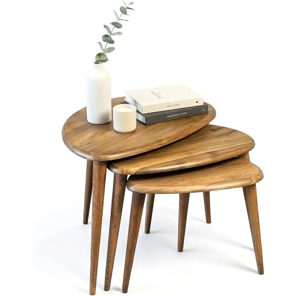 

Set of 3 Walnut Nesting Tables with Tapered Legs - Retro Style Wooden Furniture