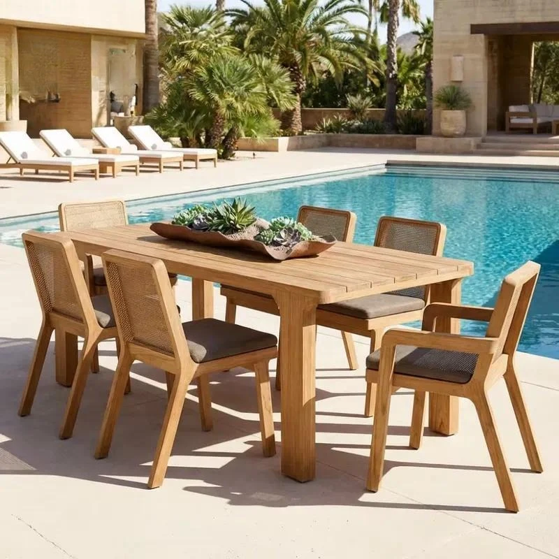 Wholesale Modern Solid Wood Teak Outdoor Furniture Set Waterproof Sun Protection Garden Villa Hotel Restaurant Table and