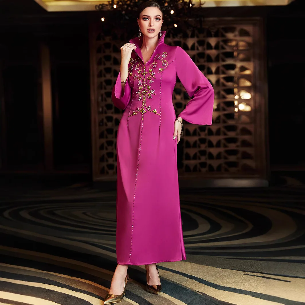 

Eid Mubarak Ramadan Party Dress for Women Muslim Abaya Diamonds Satin Long Dress Kaftan Vestidos Dubai Arab Robe Jalabiya Caftan
